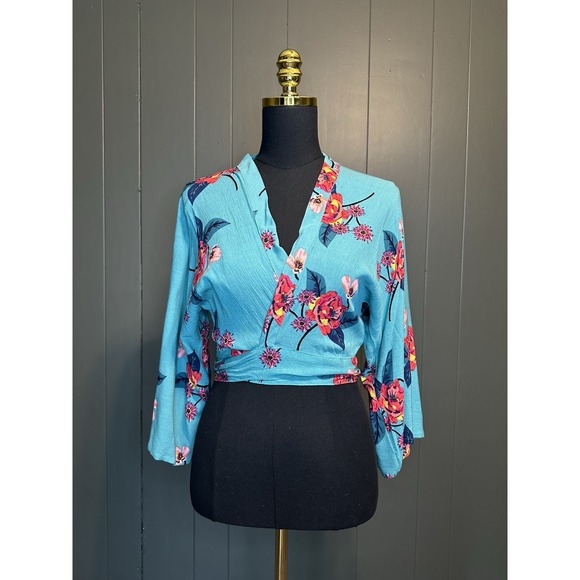 Express Tops - NWT Express Blue Pink Floral Wrap Tie Top Bell Sleeves XS‎ Extra Small